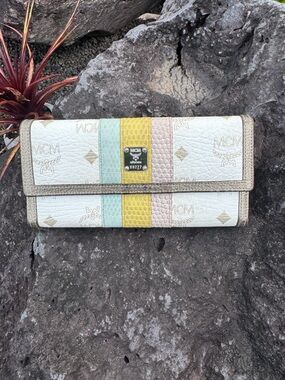 MCM Visetos Stripe Continental Wallet Cream Multicolor Leather Logo Long Wallet